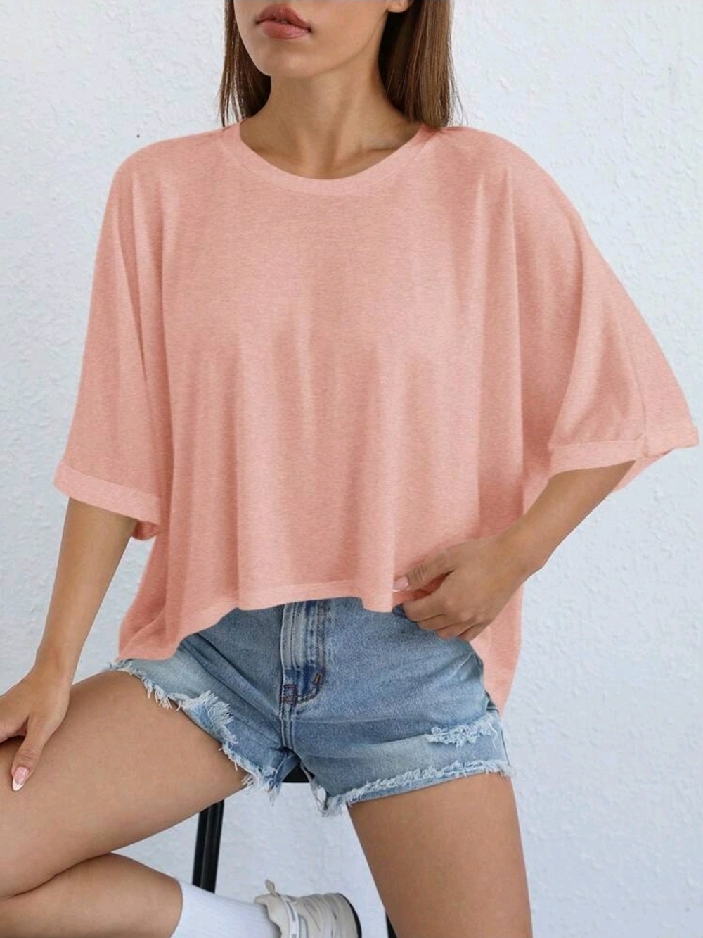 SHEIN Women's Asymmetrical  Oversized Hem Sleeve Tee - Lg